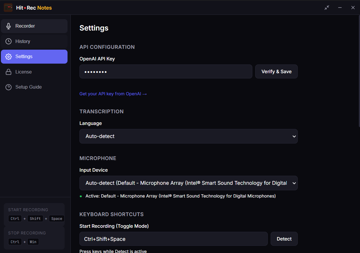 Hit Rec Notes settings window showing the API Key field under API Configuration